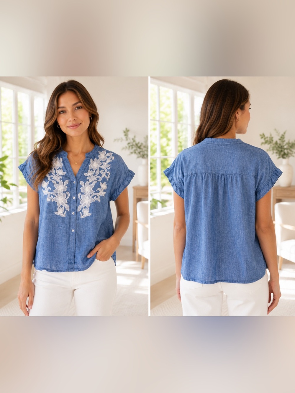 Chico's Linen Blue Appliqué Chambray Button-Down Top